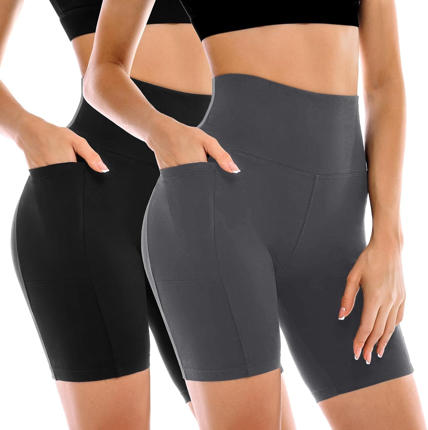 Women's High-Waisted Biker Shorts with Pockets – 2 Pack