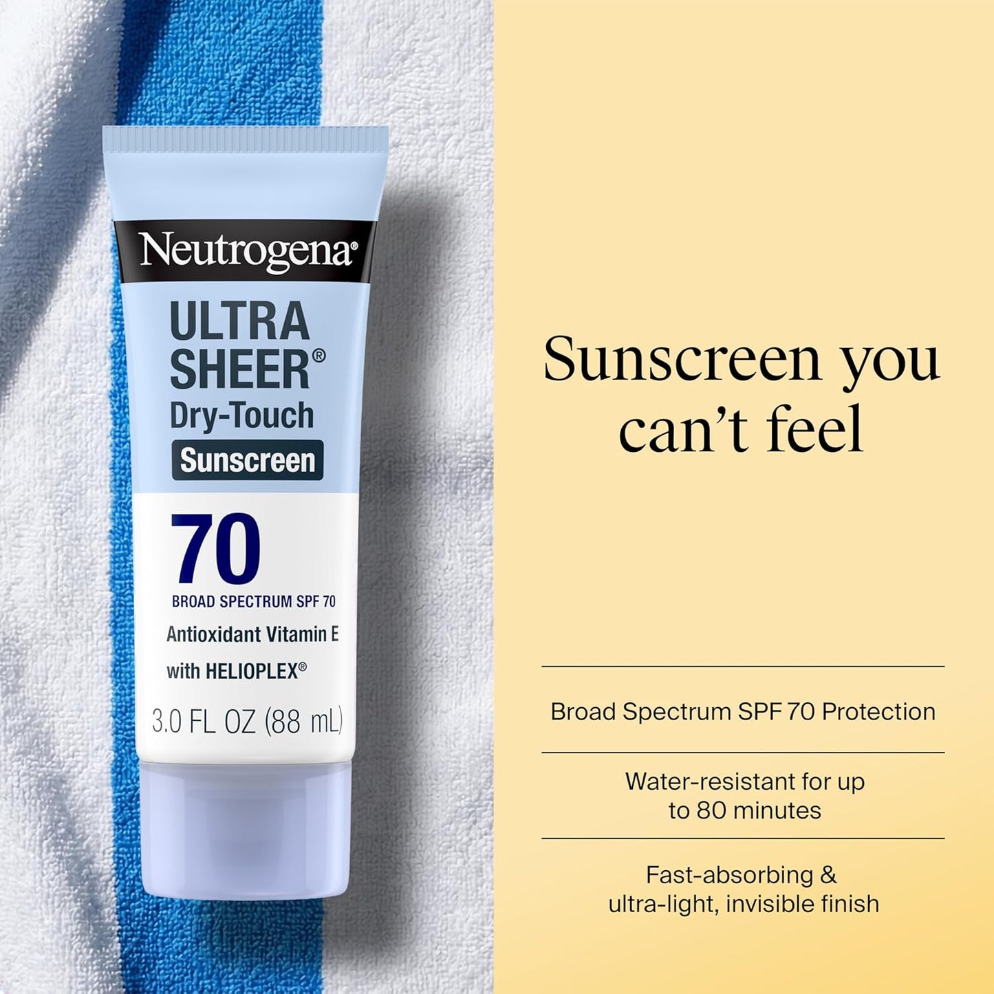 Ultra Sheer SPF 70 Sunscreen Lotion – Broad Spectrum UV Protection, Dry-Touch Matte Finish, Water Resistant, Oil-Free Formula, Travel Size 3 fl oz
