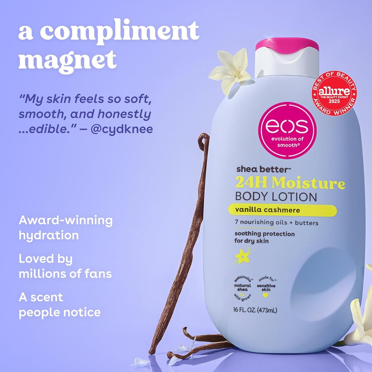 Vanilla Cashmere Body Lotion – 24-Hour Moisture with Natural Shea Butter, Lightweight & Non-Greasy Formula, Vegan Skin Care, 16 fl oz