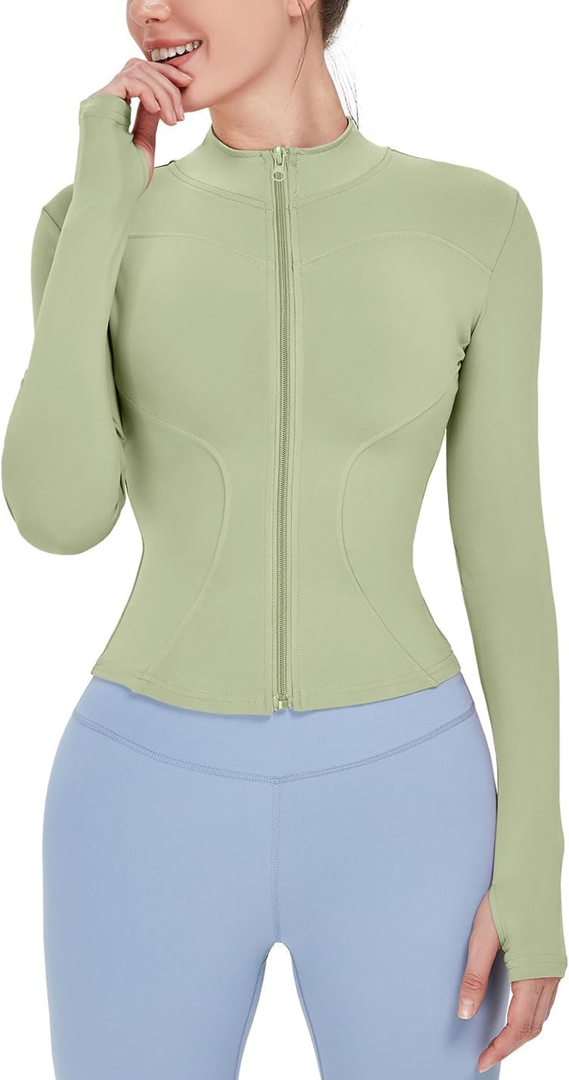Women's Lightweight Stretchy Full Zip Track Jacket with Thumb Holes - Perfect for Running and Workouts