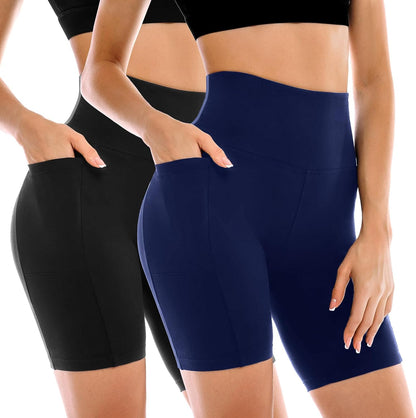 Women's High-Waisted Biker Shorts with Pockets – 2 Pack