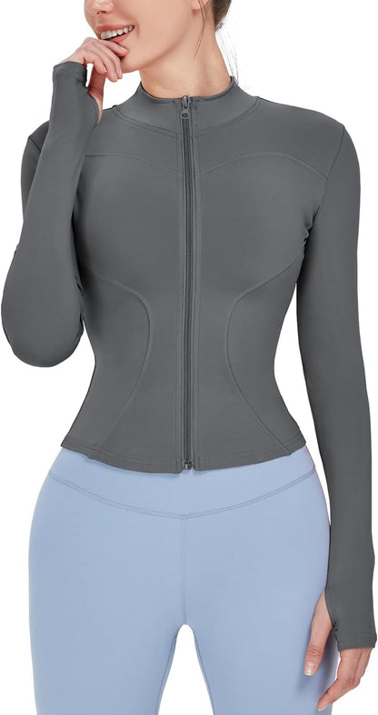 Women's Lightweight Stretchy Full Zip Track Jacket with Thumb Holes - Perfect for Running and Workouts