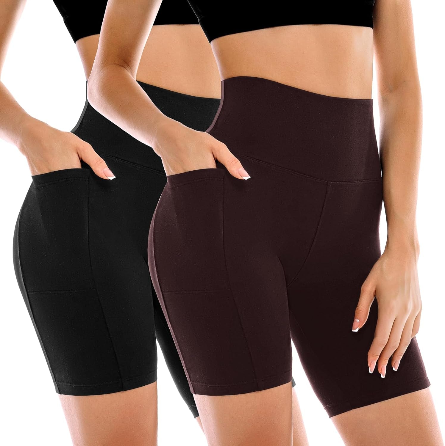 Women's High-Waisted Biker Shorts with Pockets – 2 Pack