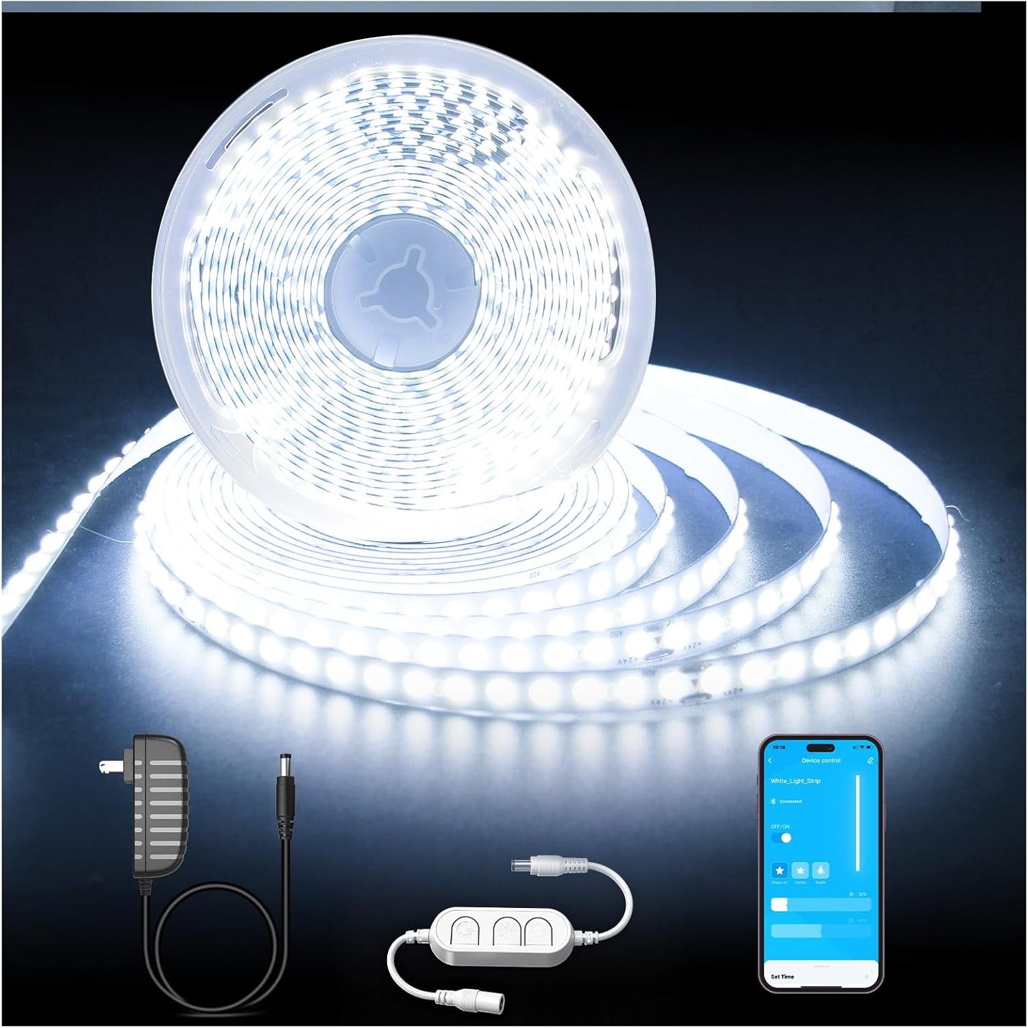Dimmable 20 Ft White LED Strip Lights - Bright 6500K Rope Lighting for Bedroom, Kitchen & Home Decor (1 Roll)