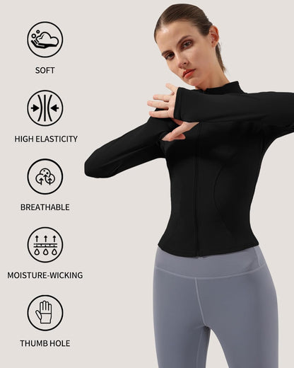 Women's Lightweight Stretchy Full Zip Track Jacket with Thumb Holes - Perfect for Running and Workouts