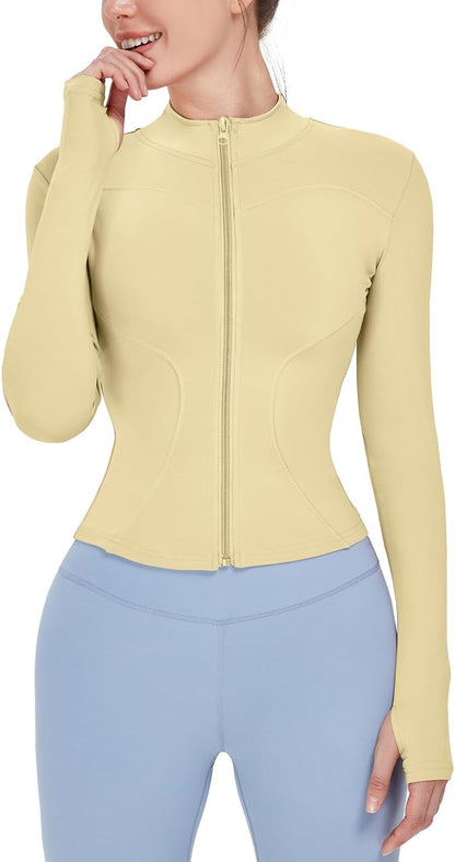 Women's Lightweight Stretchy Full Zip Track Jacket with Thumb Holes - Perfect for Running and Workouts