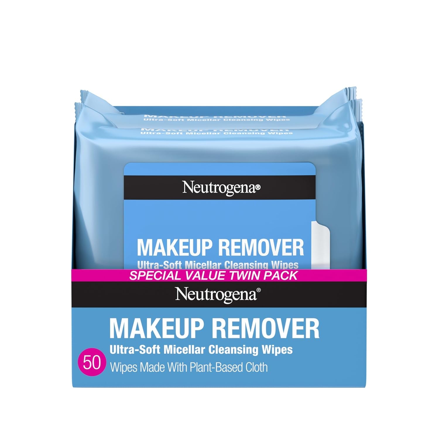Micellar Makeup Remover Wipes – Alcohol-Free Face Towelettes, Removes Waterproof Makeup & Oil, Plant-Based Cloth, Twin Pack 50 Count