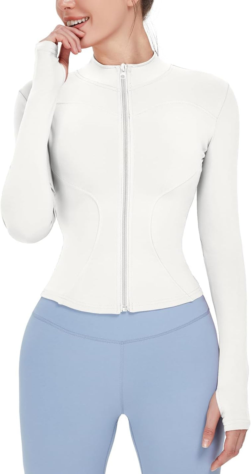 Women's Lightweight Stretchy Full Zip Track Jacket with Thumb Holes - Perfect for Running and Workouts
