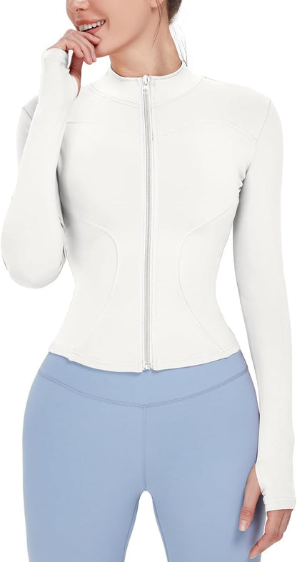 Women's Lightweight Stretchy Full Zip Track Jacket with Thumb Holes - Perfect for Running and Workouts