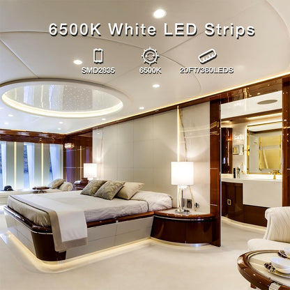 Dimmable 20 Ft White LED Strip Lights - Bright 6500K Rope Lighting for Bedroom, Kitchen & Home Decor (1 Roll)