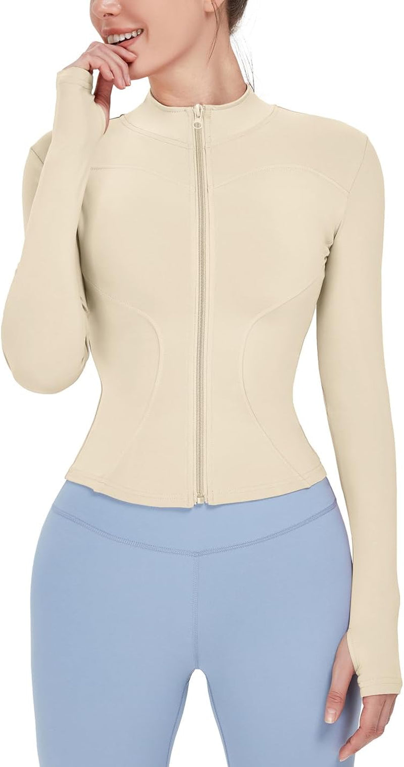 Women's Lightweight Stretchy Full Zip Track Jacket with Thumb Holes - Perfect for Running and Workouts