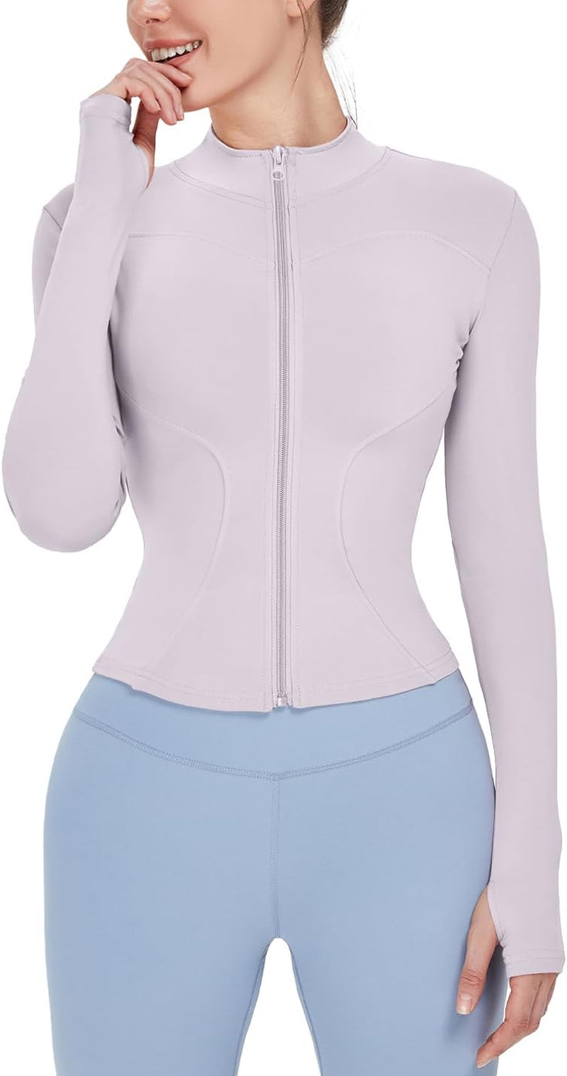 Women's Lightweight Stretchy Full Zip Track Jacket with Thumb Holes - Perfect for Running and Workouts