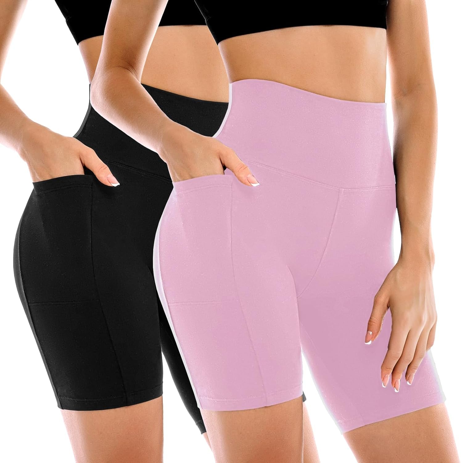 Women's High-Waisted Biker Shorts with Pockets – 2 Pack