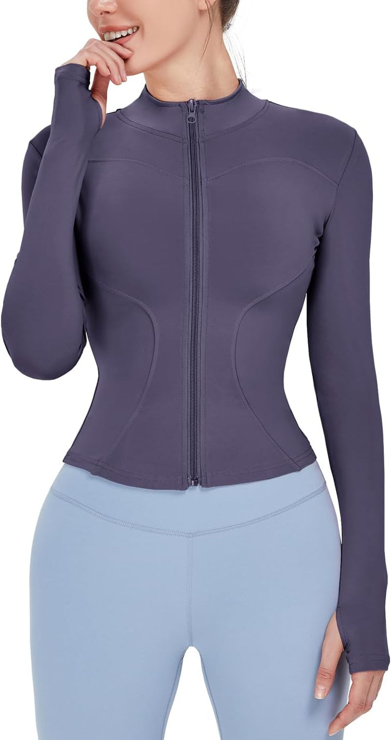 Women's Lightweight Stretchy Full Zip Track Jacket with Thumb Holes - Perfect for Running and Workouts
