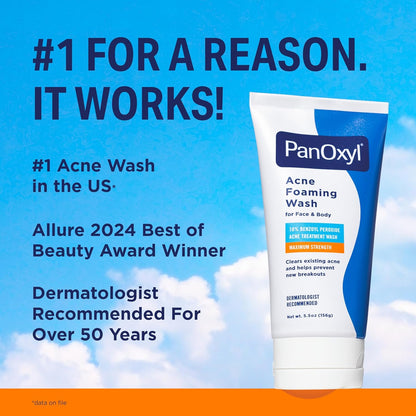 10% Benzoyl Peroxide Acne Foaming Wash, Maximum Strength, Daily Acne-Fighting Face and Body Cleanser, Face Wash to Clear, Treat and Prevent Acne Pimples and Stubborn Breakouts, 5.5 Oz Tube