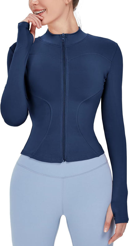 Women's Lightweight Stretchy Full Zip Track Jacket with Thumb Holes - Perfect for Running and Workouts