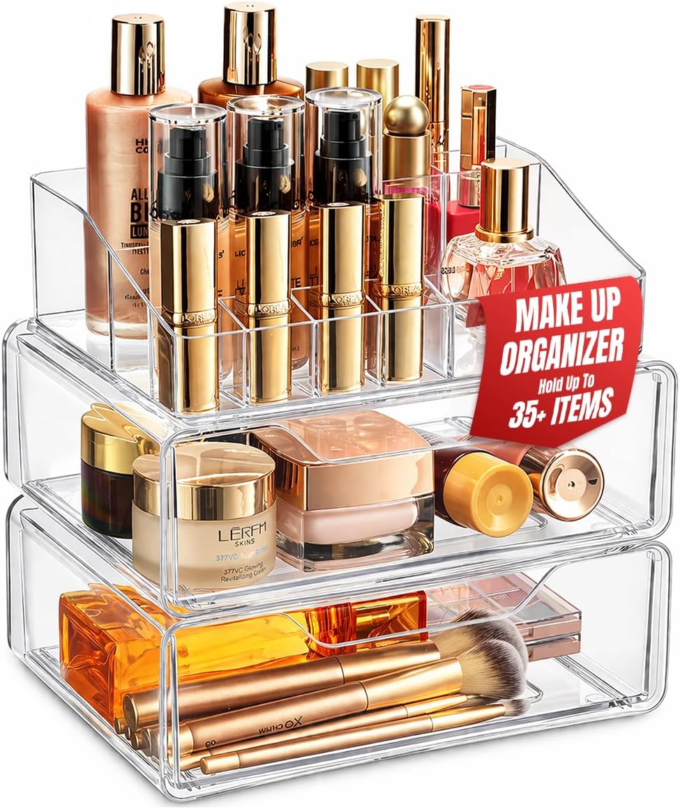 Clear Makeup Organizer - 16-Compartment Cosmetic and Jewelry Holder with 4 Drawers - Vanity Storage Box for Makeup, Skincare, Accessories, and Jewelry Display