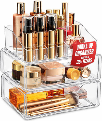 Clear Makeup Organizer - 16-Compartment Cosmetic and Jewelry Holder with 4 Drawers - Vanity Storage Box for Makeup, Skincare, Accessories, and Jewelry Display