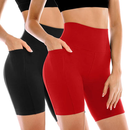 Women's High-Waisted Biker Shorts with Pockets – 2 Pack