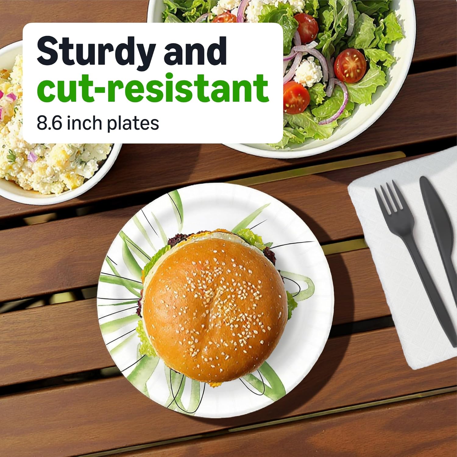 Disposable Paper Plates 100 Count – 8.62” Heavy Duty, Microwave Safe, Soak-Proof & Cut Resistant, Eco-Friendly Party Plates for Dinner, BBQ, Picnic & Everyday Use