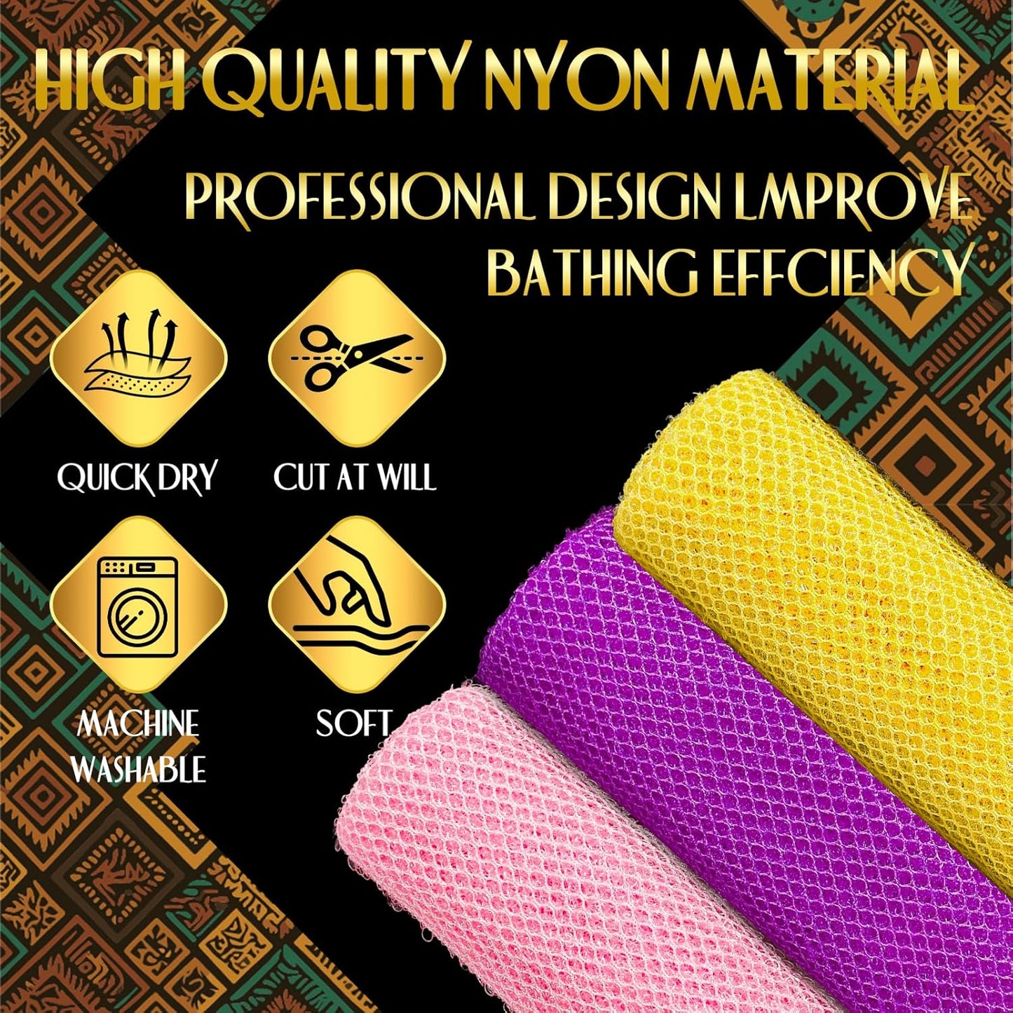 3 Pieces African Bath Sponge African Net Long Net Bath Sponge Exfoliating Shower Body Scrubber Back Scrubber Skin Smoother,Great for Daily Use (Pink,Yellow,Purple)