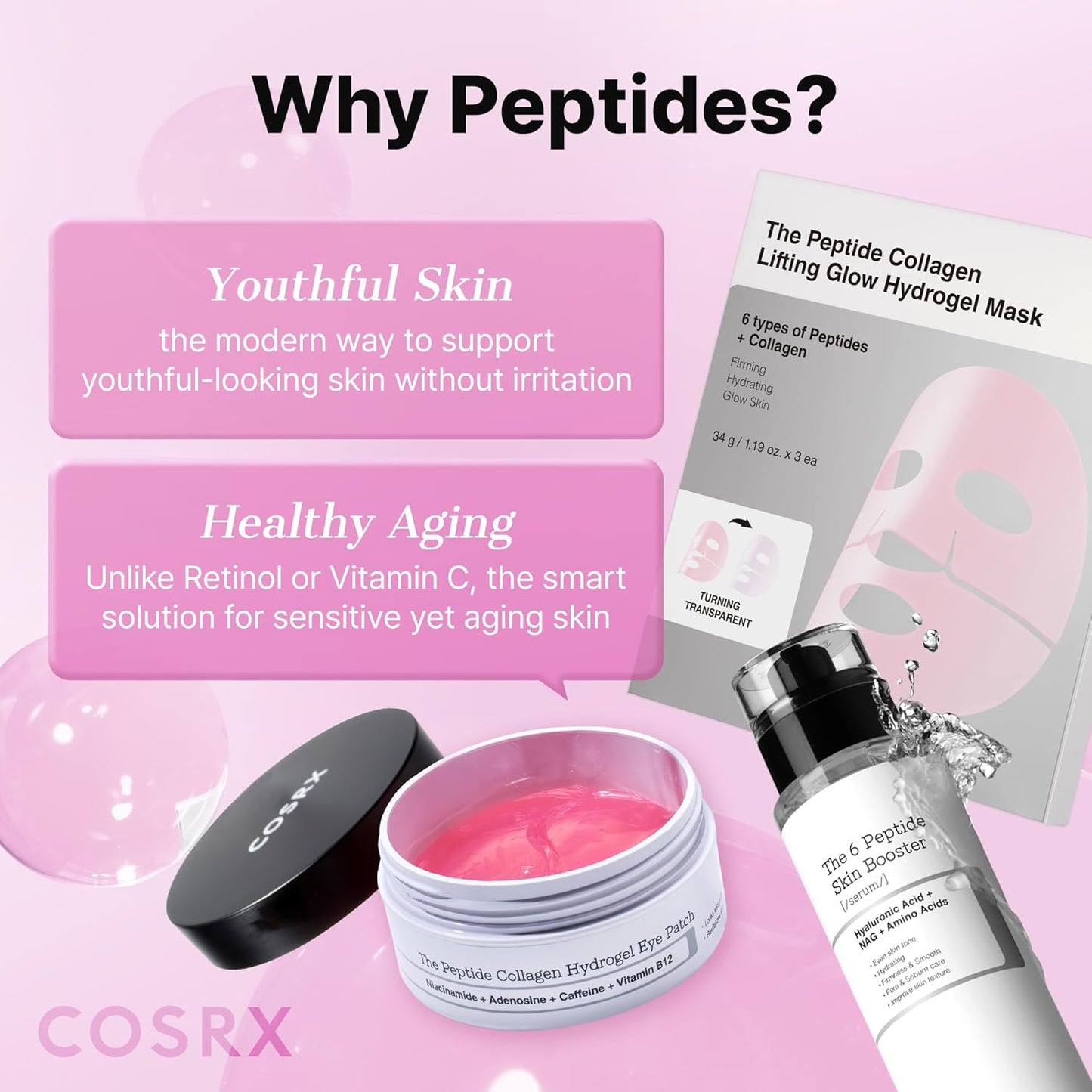 Pink Peptides Collagen Hydrogel Eye Patches – Cooling Under Eye Masks with Peptides & Caffeine for Puffiness, Hydration & Firm-Looking Skin, 60 Count