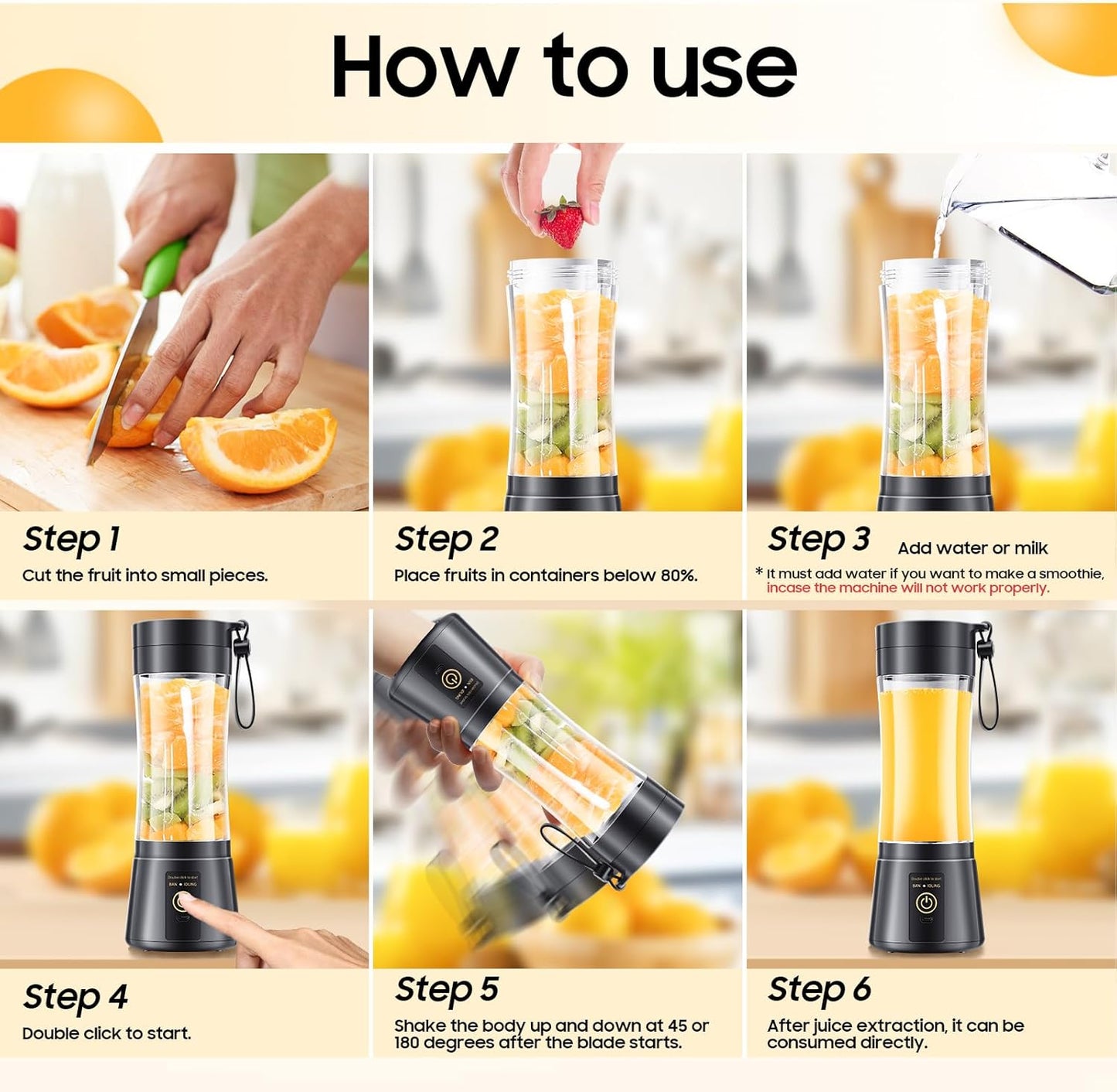Portable Smoothie Blender Cup – USB Rechargeable 380ML,USB Portable Blender Cup – 6 Blade Smoothie Maker