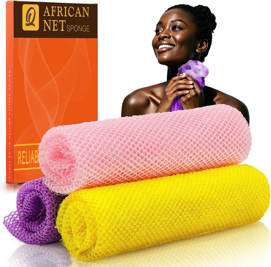 3 Pieces African Bath Sponge African Net Long Net Bath Sponge Exfoliating Shower Body Scrubber Back Scrubber Skin Smoother,Great for Daily Use (Pink,Yellow,Purple)