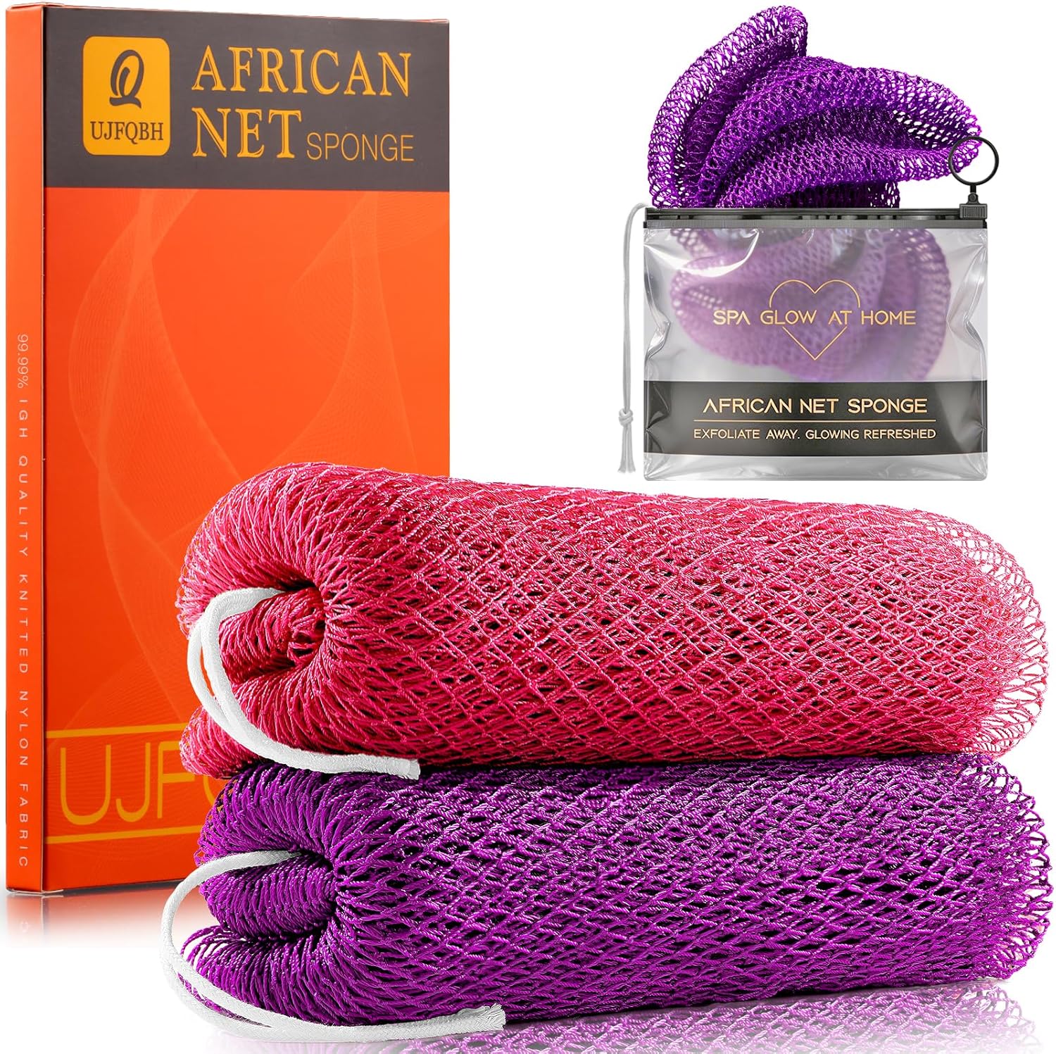 3 Pieces African Bath Sponge African Net Long Net Bath Sponge Exfoliating Shower Body Scrubber Back Scrubber Skin Smoother,Great for Daily Use (Pink,Yellow,Purple)