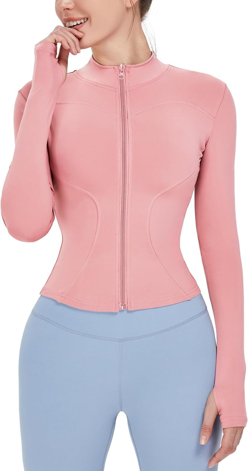 Women's Lightweight Stretchy Full Zip Track Jacket with Thumb Holes - Perfect for Running and Workouts