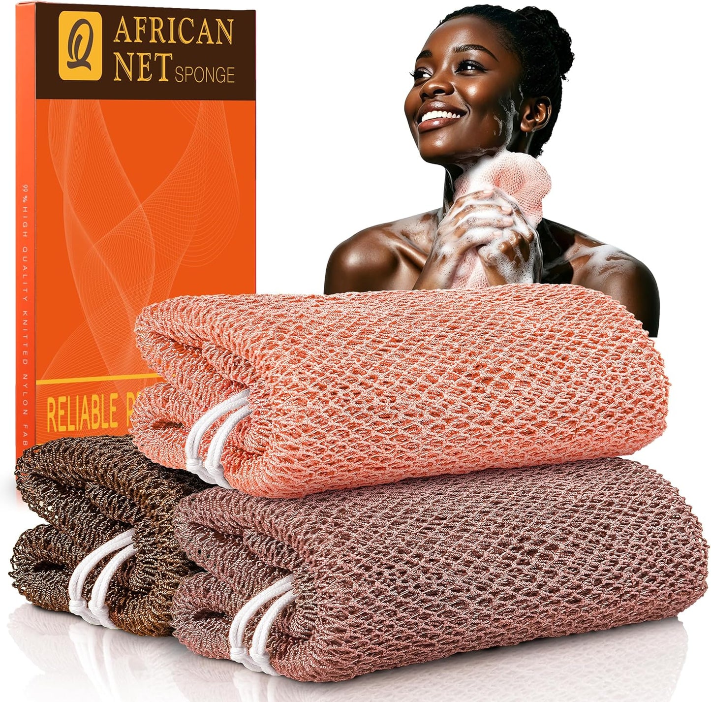 3 Pieces African Bath Sponge African Net Long Net Bath Sponge Exfoliating Shower Body Scrubber Back Scrubber Skin Smoother,Great for Daily Use (Pink,Yellow,Purple)