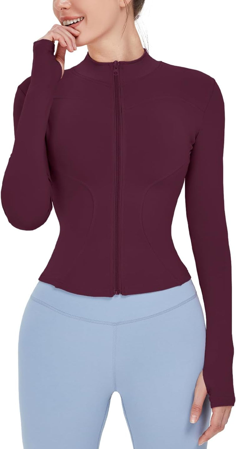 Women's Lightweight Stretchy Full Zip Track Jacket with Thumb Holes - Perfect for Running and Workouts