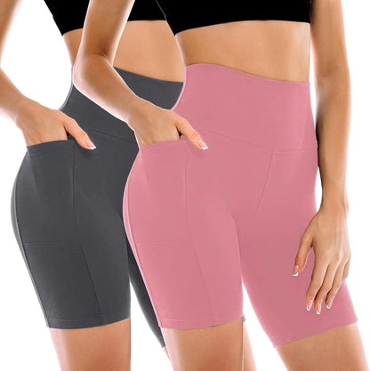 Women's High-Waisted Biker Shorts with Pockets – 2 Pack