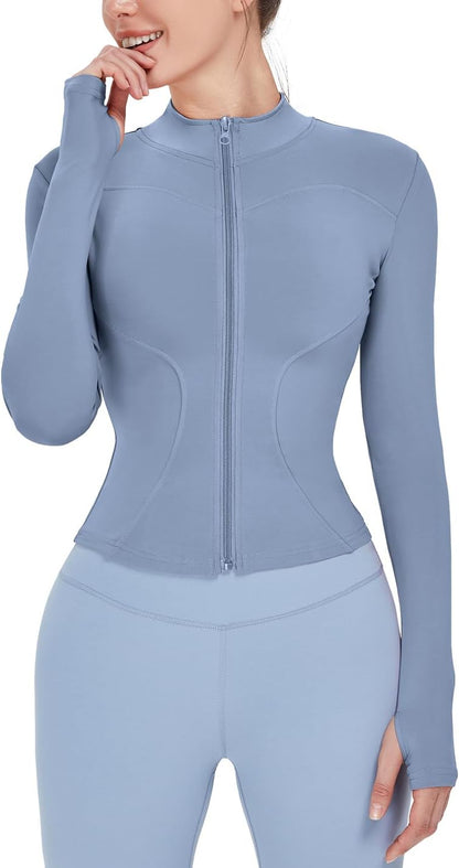 Women's Lightweight Stretchy Full Zip Track Jacket with Thumb Holes - Perfect for Running and Workouts
