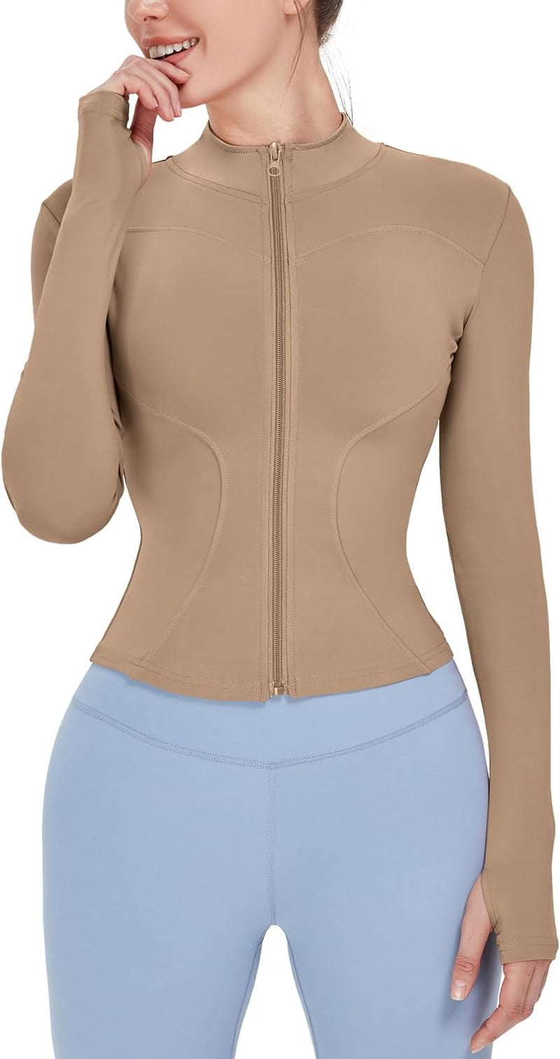 Women's Lightweight Stretchy Full Zip Track Jacket with Thumb Holes - Perfect for Running and Workouts