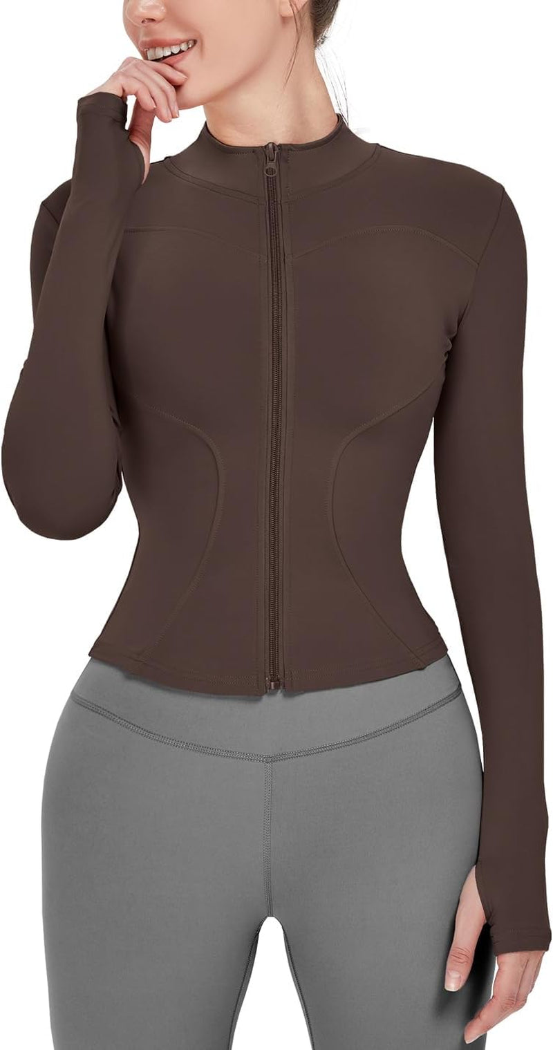 Women's Lightweight Stretchy Full Zip Track Jacket with Thumb Holes - Perfect for Running and Workouts