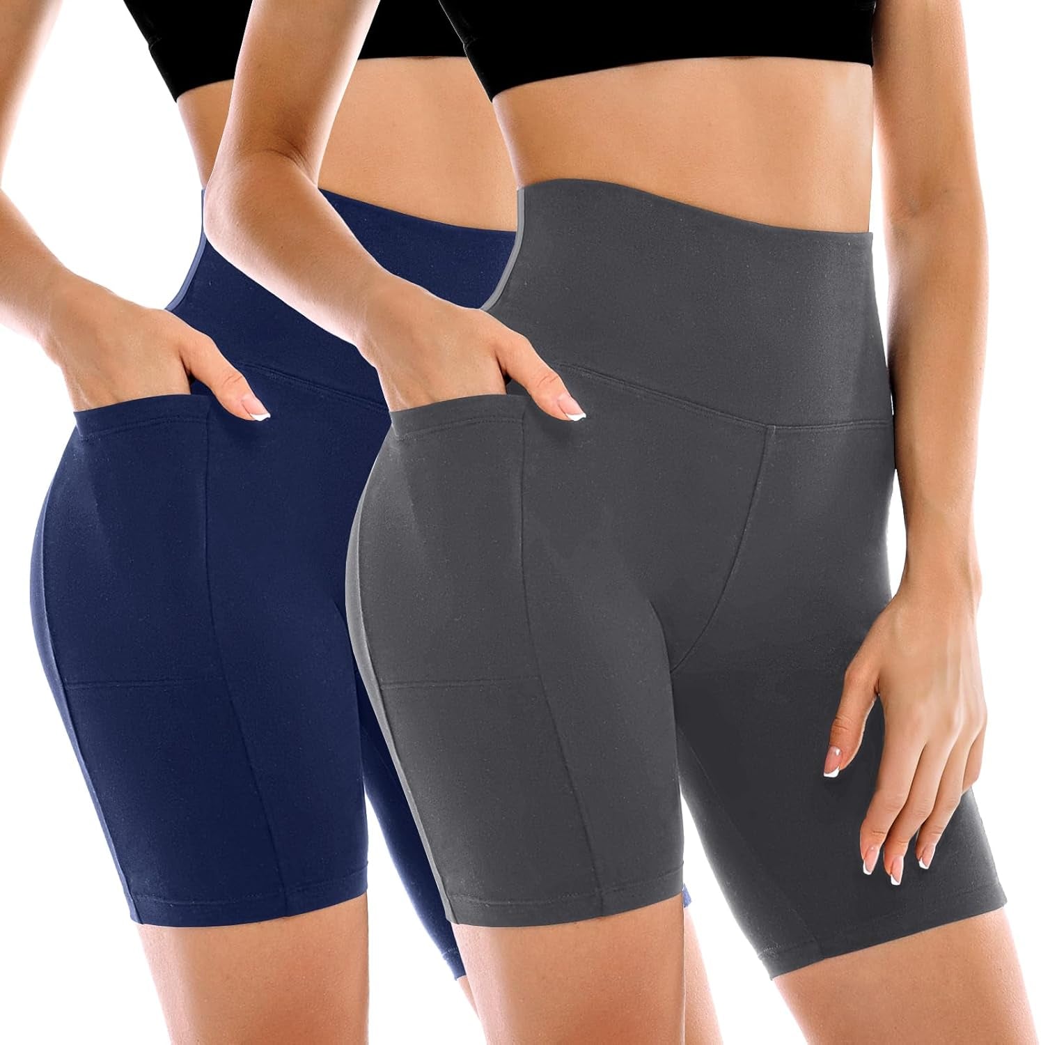 Women's High-Waisted Biker Shorts with Pockets – 2 Pack