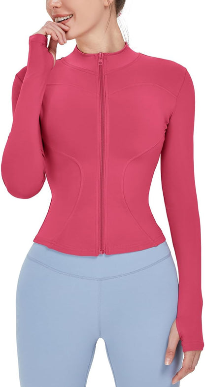 Women's Lightweight Stretchy Full Zip Track Jacket with Thumb Holes - Perfect for Running and Workouts