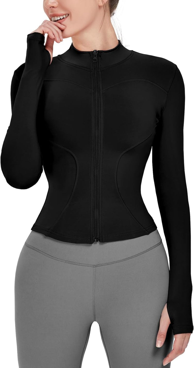 Women's Lightweight Stretchy Full Zip Track Jacket with Thumb Holes - Perfect for Running and Workouts
