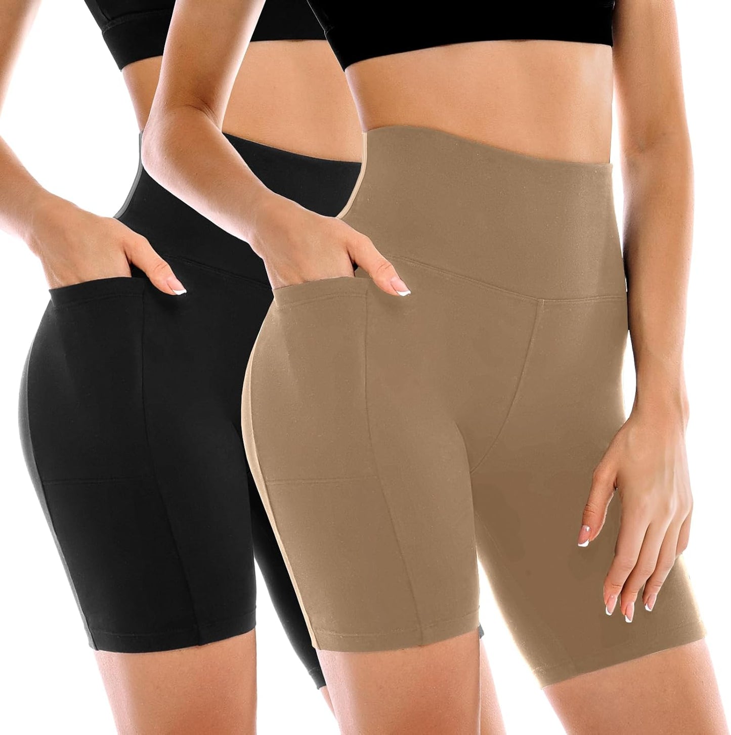Women's High-Waisted Biker Shorts with Pockets – 2 Pack