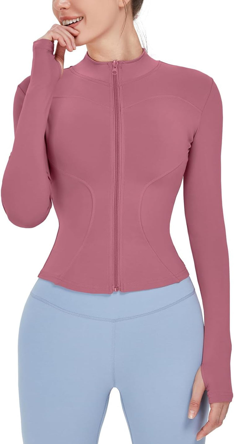 Women's Lightweight Stretchy Full Zip Track Jacket with Thumb Holes - Perfect for Running and Workouts