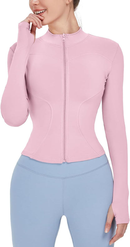 Women's Lightweight Stretchy Full Zip Track Jacket with Thumb Holes - Perfect for Running and Workouts
