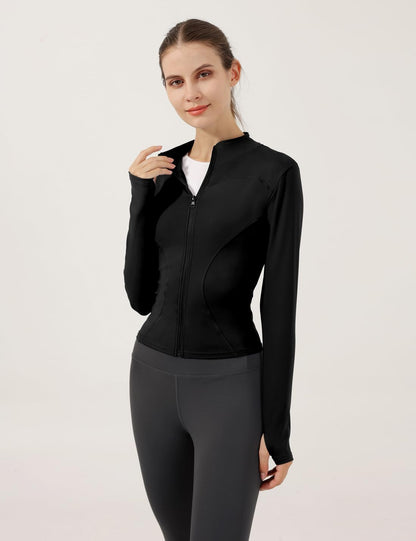 Women's Lightweight Stretchy Full Zip Track Jacket with Thumb Holes - Perfect for Running and Workouts