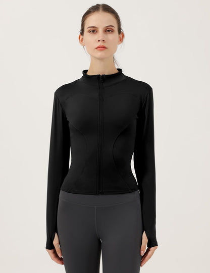 Women's Lightweight Stretchy Full Zip Track Jacket with Thumb Holes - Perfect for Running and Workouts