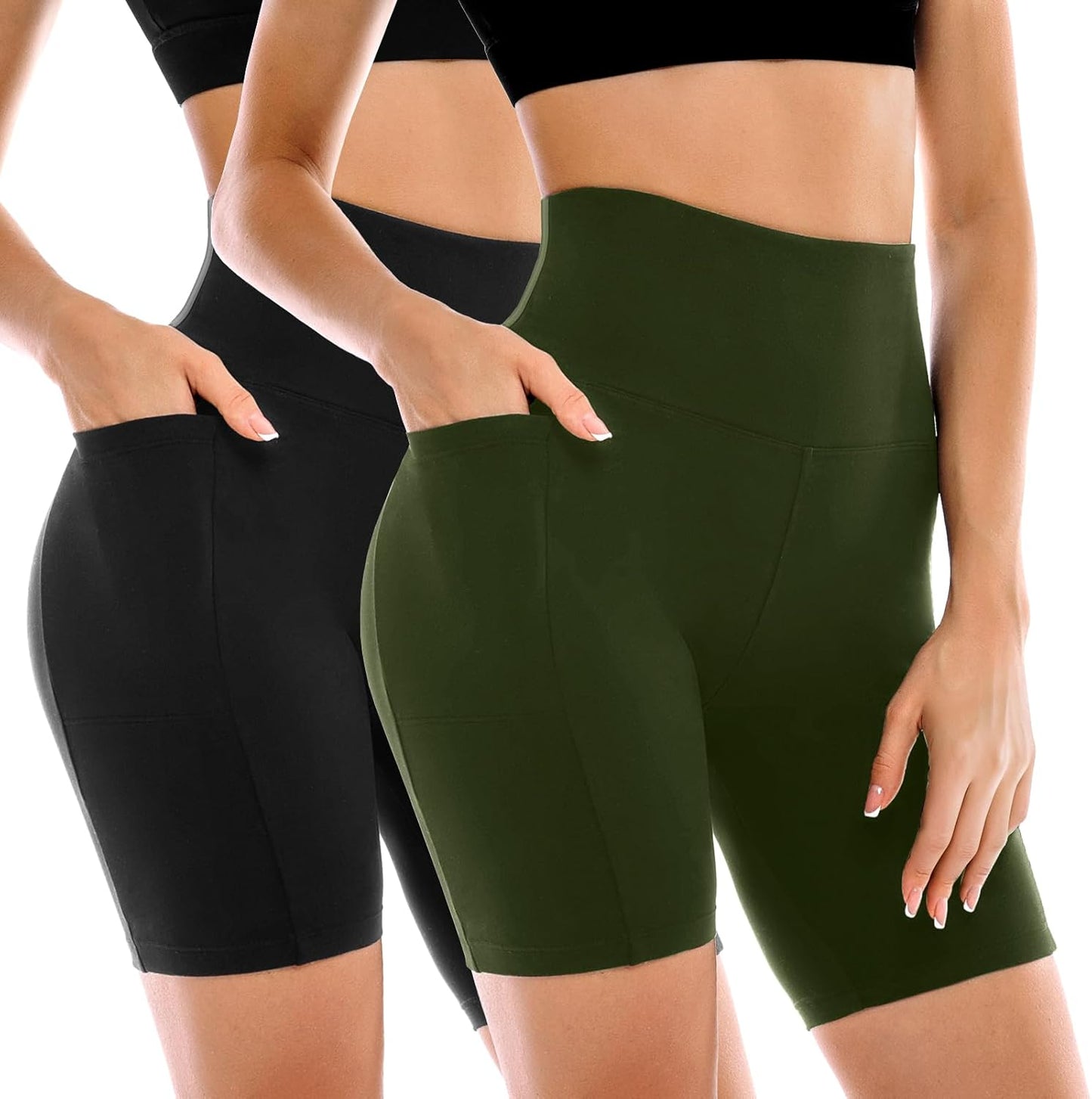 Women's High-Waisted Biker Shorts with Pockets – 2 Pack