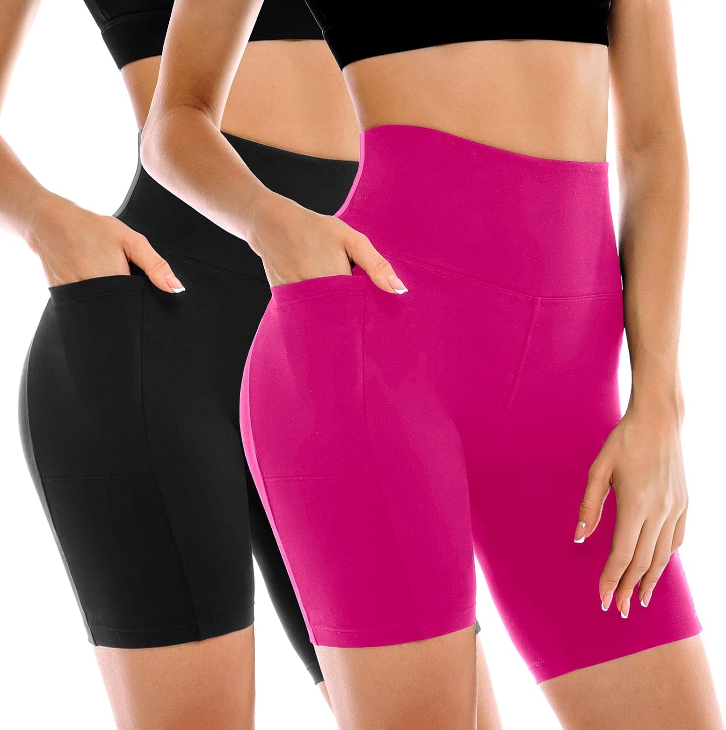 Women's High-Waisted Biker Shorts with Pockets – 2 Pack